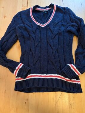 Brooks Brothers Navy Cable-Knit V-Neck Sweater with Red & White Trim
